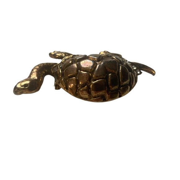Vintage Gold Tone Turtle Brooch Pin Rhinestone Accents Tortoise 2.5 inch - Picture 3 of 7